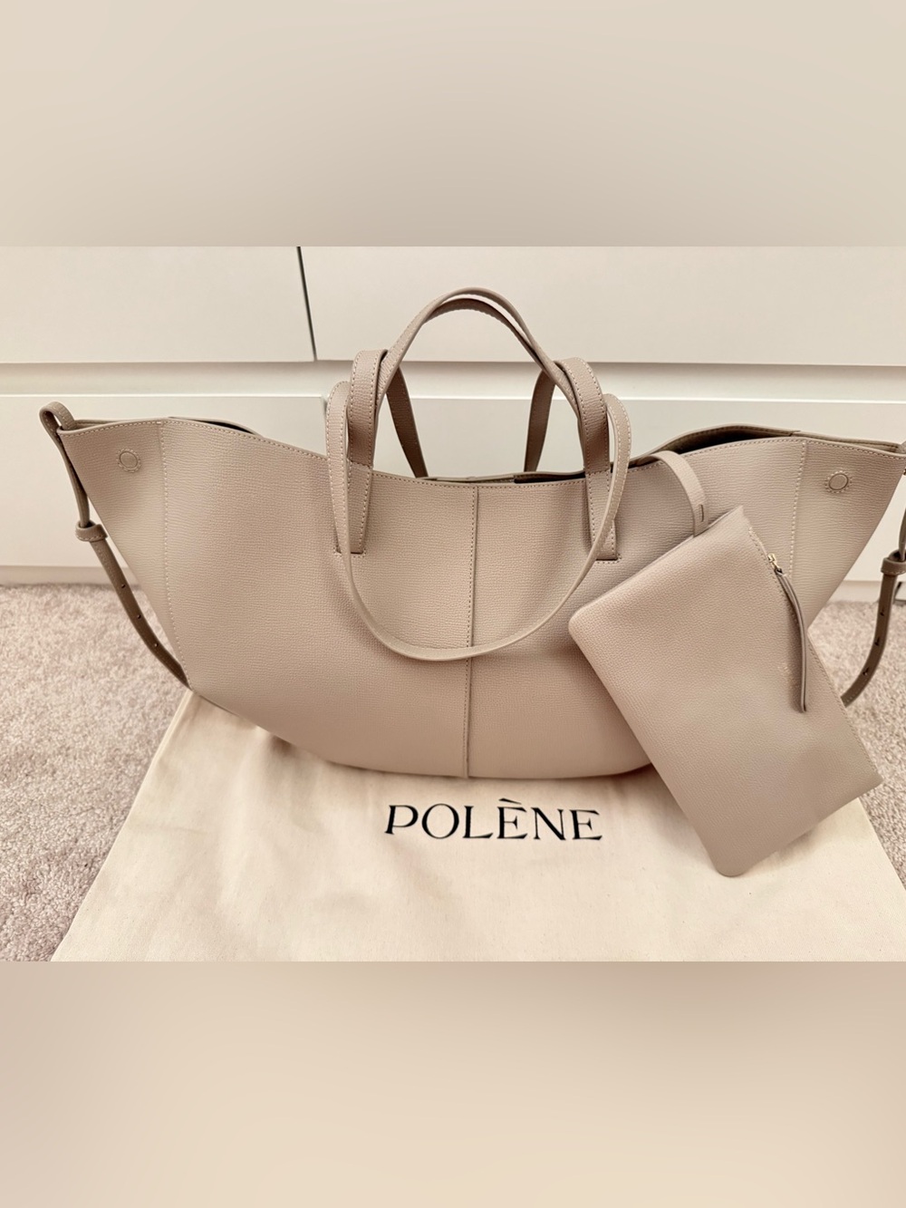 Polène Beige/Taupe Leather Tote with Matching Pouch NWOT